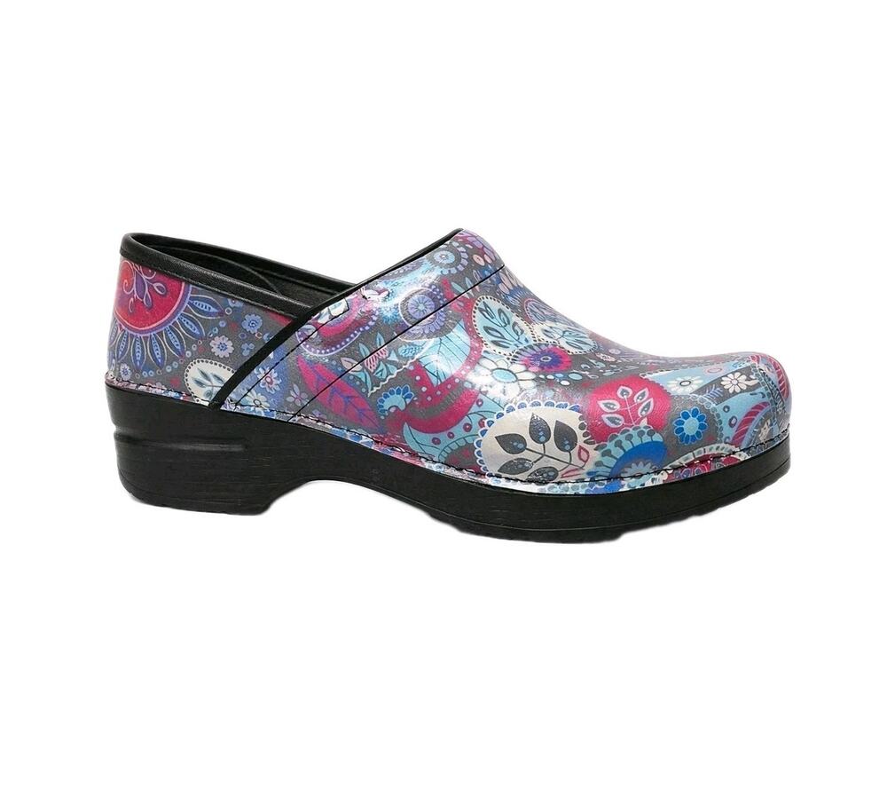 Dansko Clogs Professional Paisley Women 10.5 Gray Blue Pink Slip On Comfort Shoe